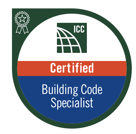 A circular badge with the ICC logo at the top, a red banner with "Certified," and a blue section that reads "Building Code Specialist."