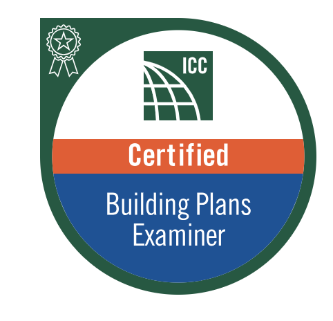Certification badge for Building Plans Examiner with ICC logo, green, white, orange, and blue colors.