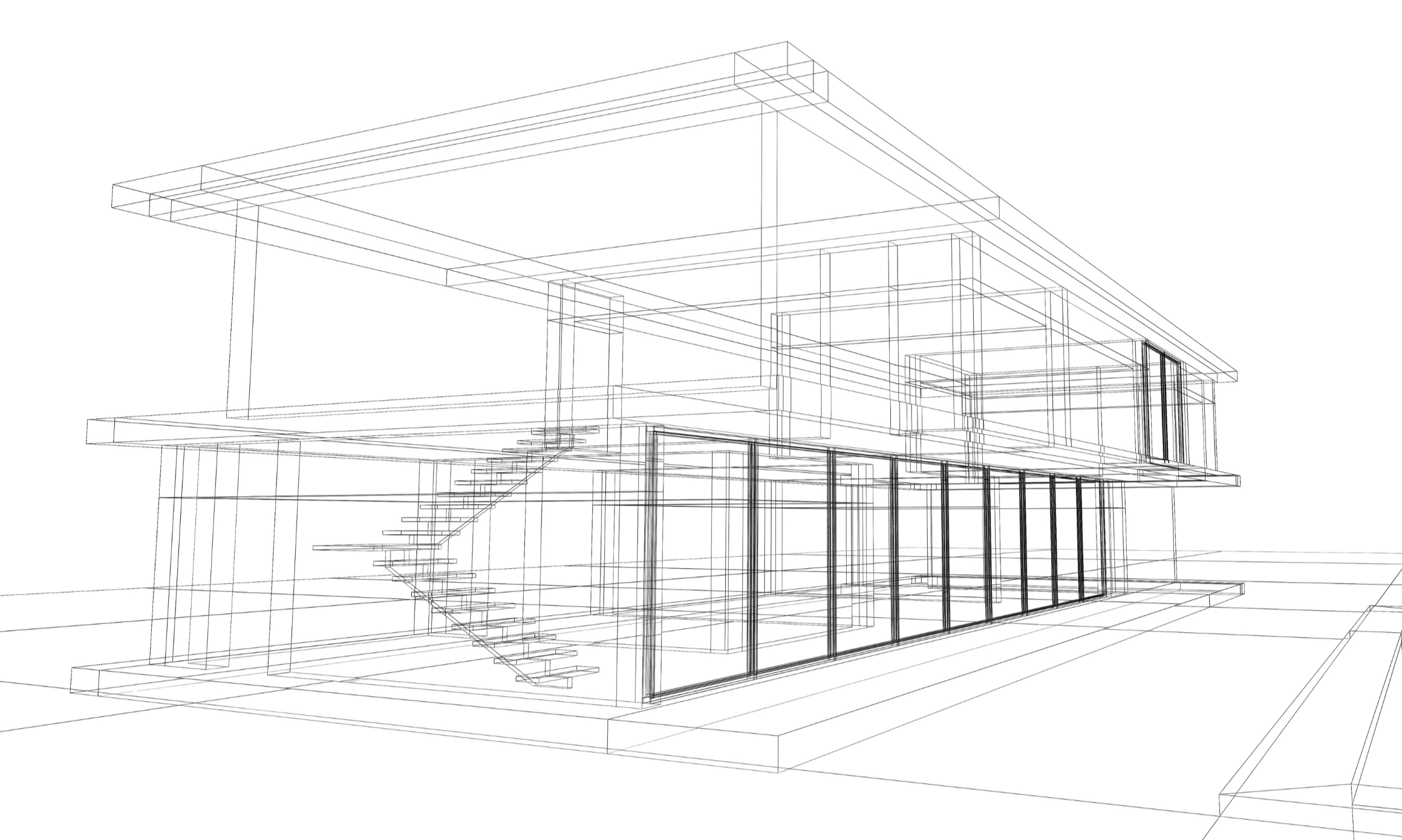 Wireframe architectural drawing of a modern building with multiple levels, large glass windows, and a staircase visible inside.