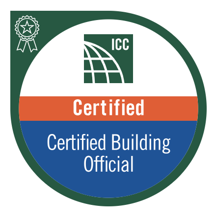 A circular certification badge with a green border. Inside, it features the ICC logo at the top, a globe imagery, and the words 'Certified Building Official' in blue text, with a red banner displaying the word 'Certified' in white.