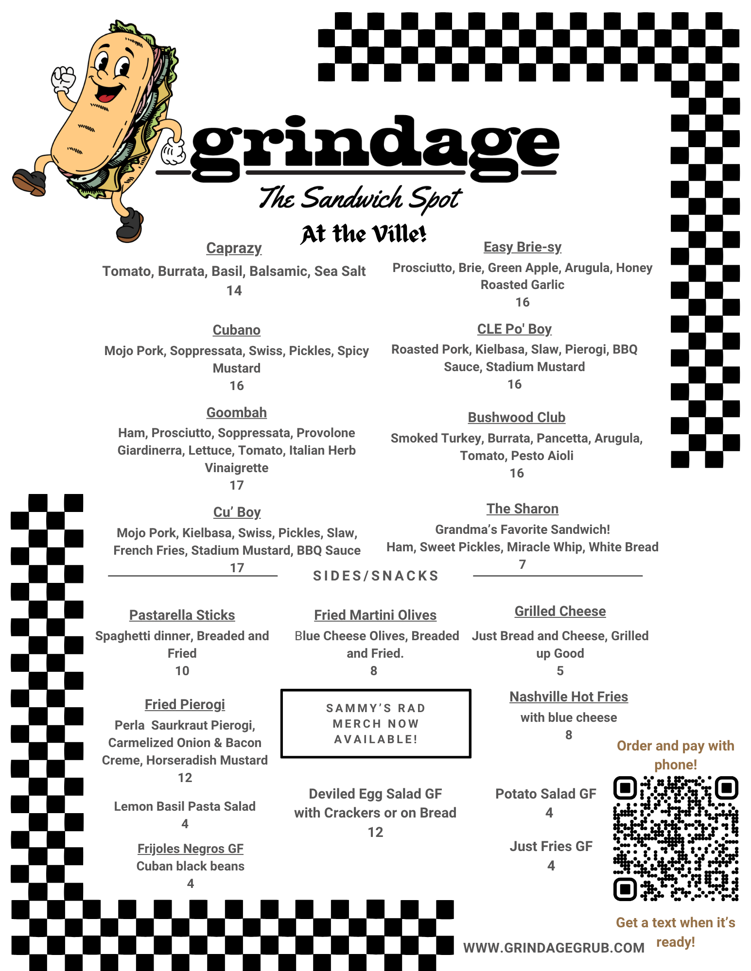 Menu for Grindage, The Sandwich Spot at the Ville, featuring various sandwiches, sides, and snacks with prices listed, and QR codes for ordering.