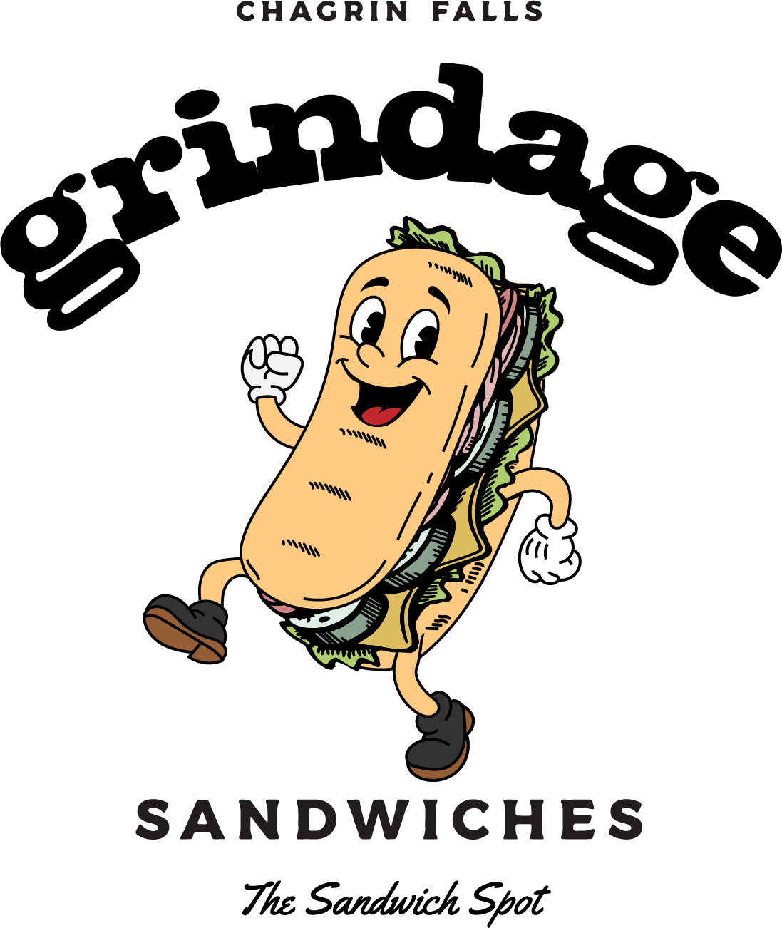 Cartoon panini character with smiling face, waving, wearing shoes and gloves, running with the text 'Chagrin Falls Sandwiches' above and below.