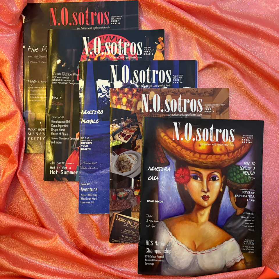 A collection of six magazines titled "N.O.sotros" arranged on a pink and gold textured fabric surface. The magazine covers feature various colorful images and illustrations.