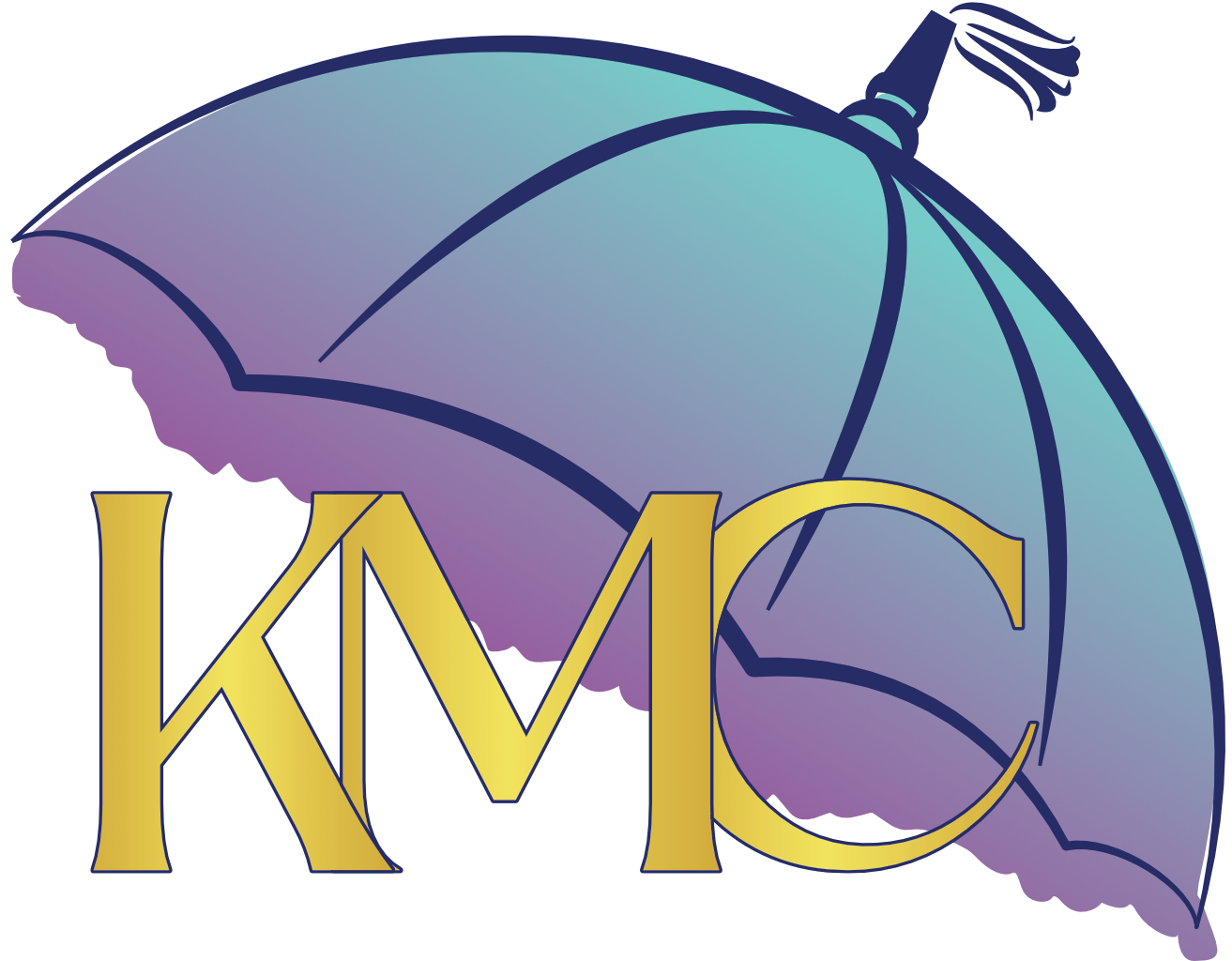 A logo with a stylized umbrella in shades of purple, blue, and teal, and the yellow letters 'KMC' in front of it.