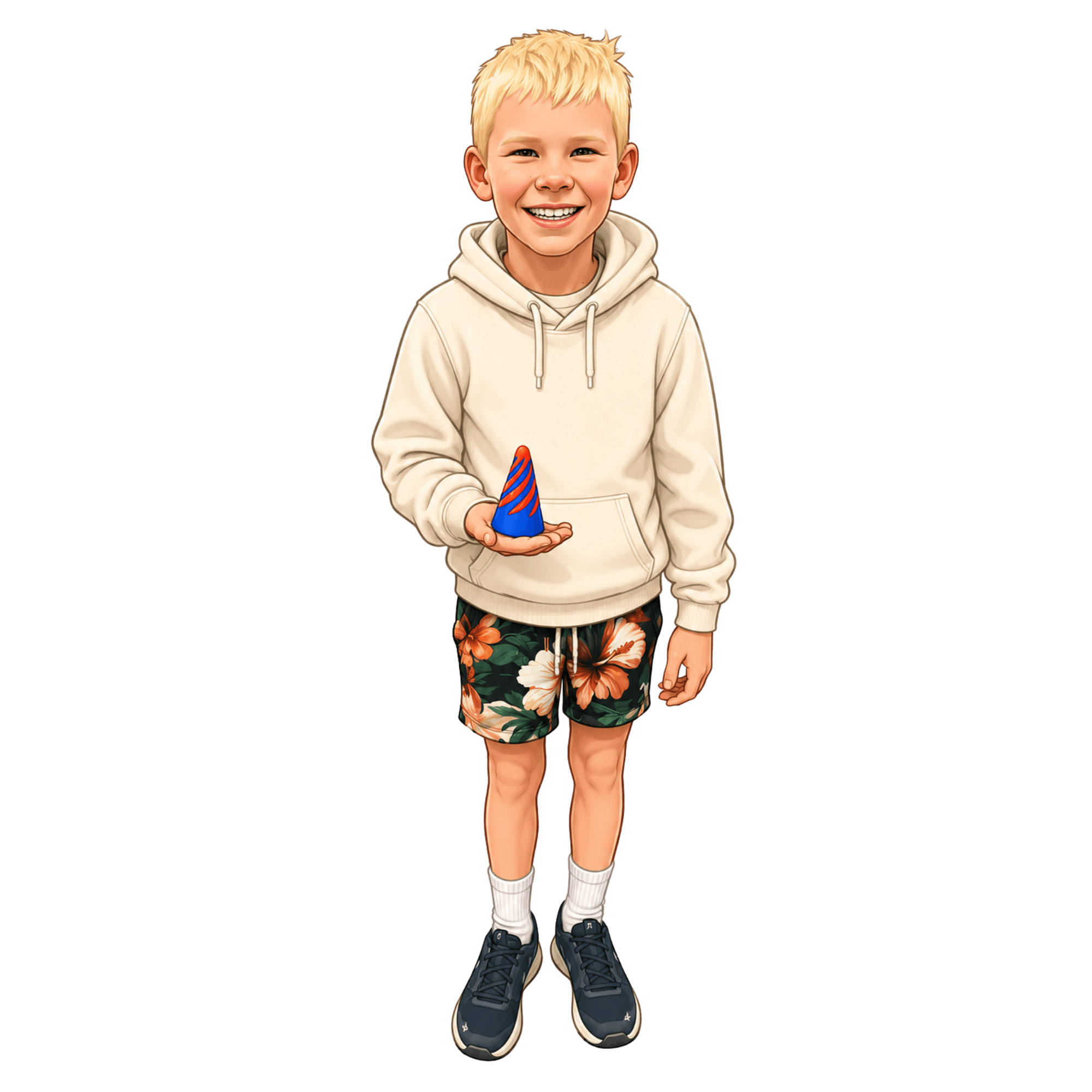 A young boy with blonde hair wearing a white hoodie, floral shorts, white socks, and sneakers, holding a small blue and red party hat, smiling.