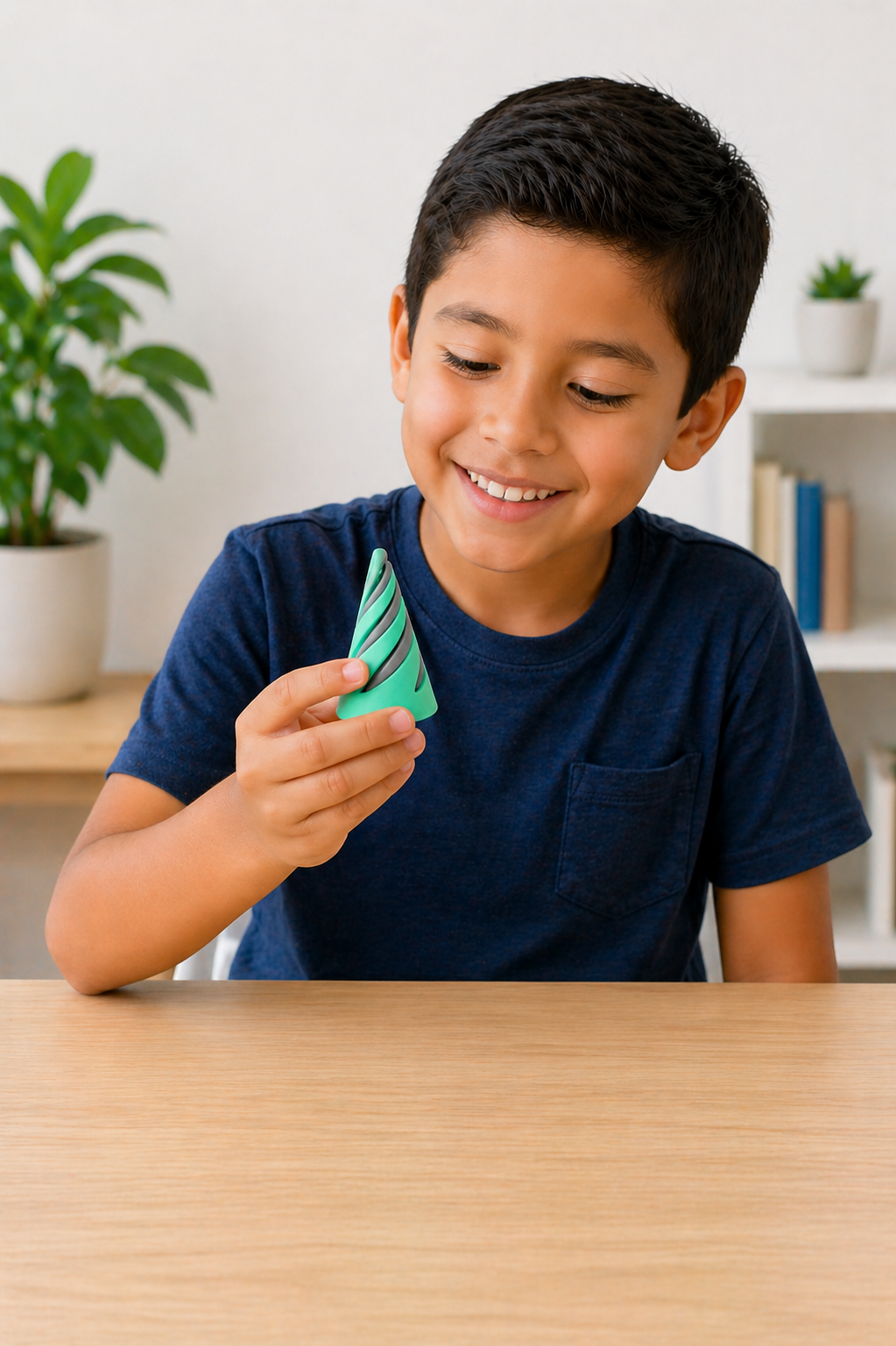 A young boy with dark hair, wearing a navy blue t-shirt, smiling and looking down at a green and black striped object in his hand, sitting at a wooden table in a bright room with a potted plant and bookshelf in the background.