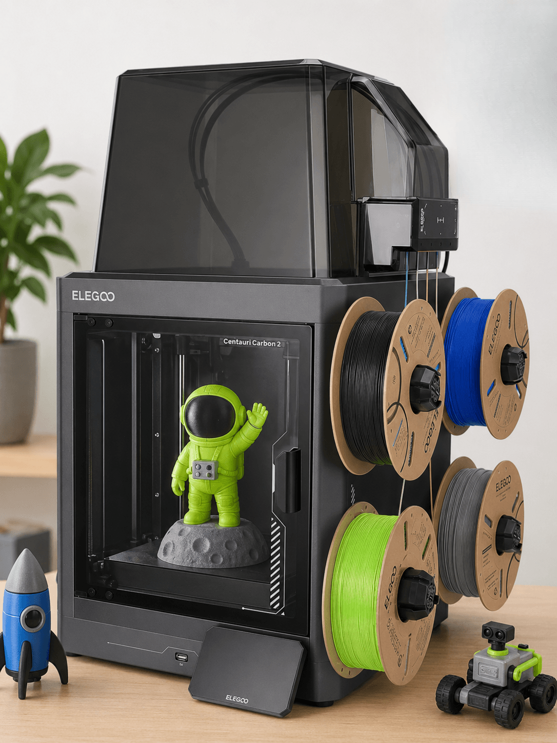 A 3D printer on a wooden table with colorful filament spools, a small rocket model, and a robot toy with a space theme, in front of a white wall and a potted plant.