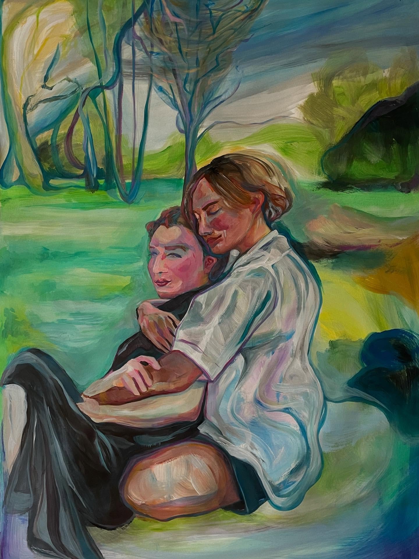 liebevoll 🌱
Acrylique sur papier 100x75cm 
Oct 25

La fragilit&eacute; affolante du moment
o&ugrave; une oreille amie
vient te secourir
et ses bras t&rsquo;entourer
et son c&oelig;ur

langsam

travaille la tendresse