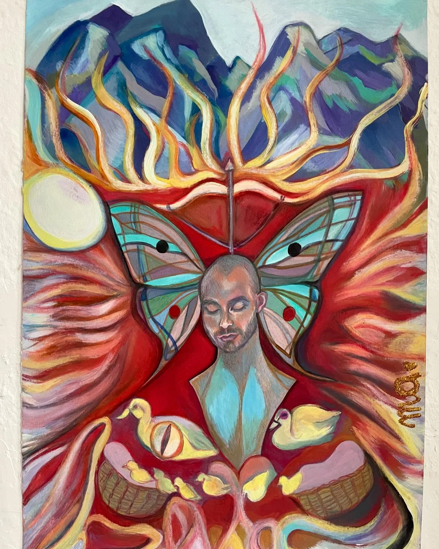 Papi-lion-Cupidon
🦋🦁🏹
Acrylique, pastel, encre, crayons de couleur sur papier bleu, 42x29,7