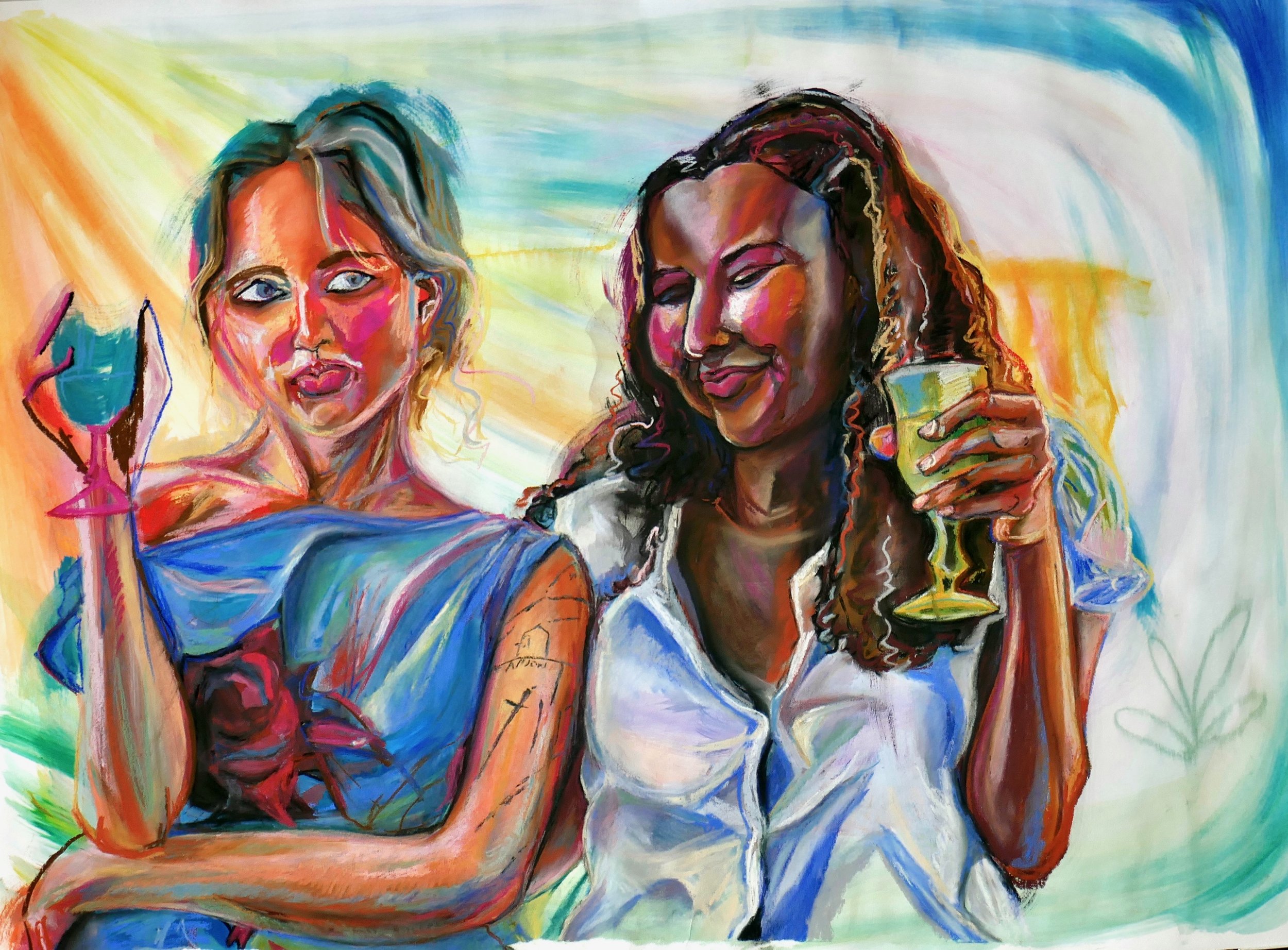 Une peinture artistique de deux femmes, l'une blonde avec un verre et l'autre avec des cheveux foncés, tenant une boisson, dans un style coloré et expressif.