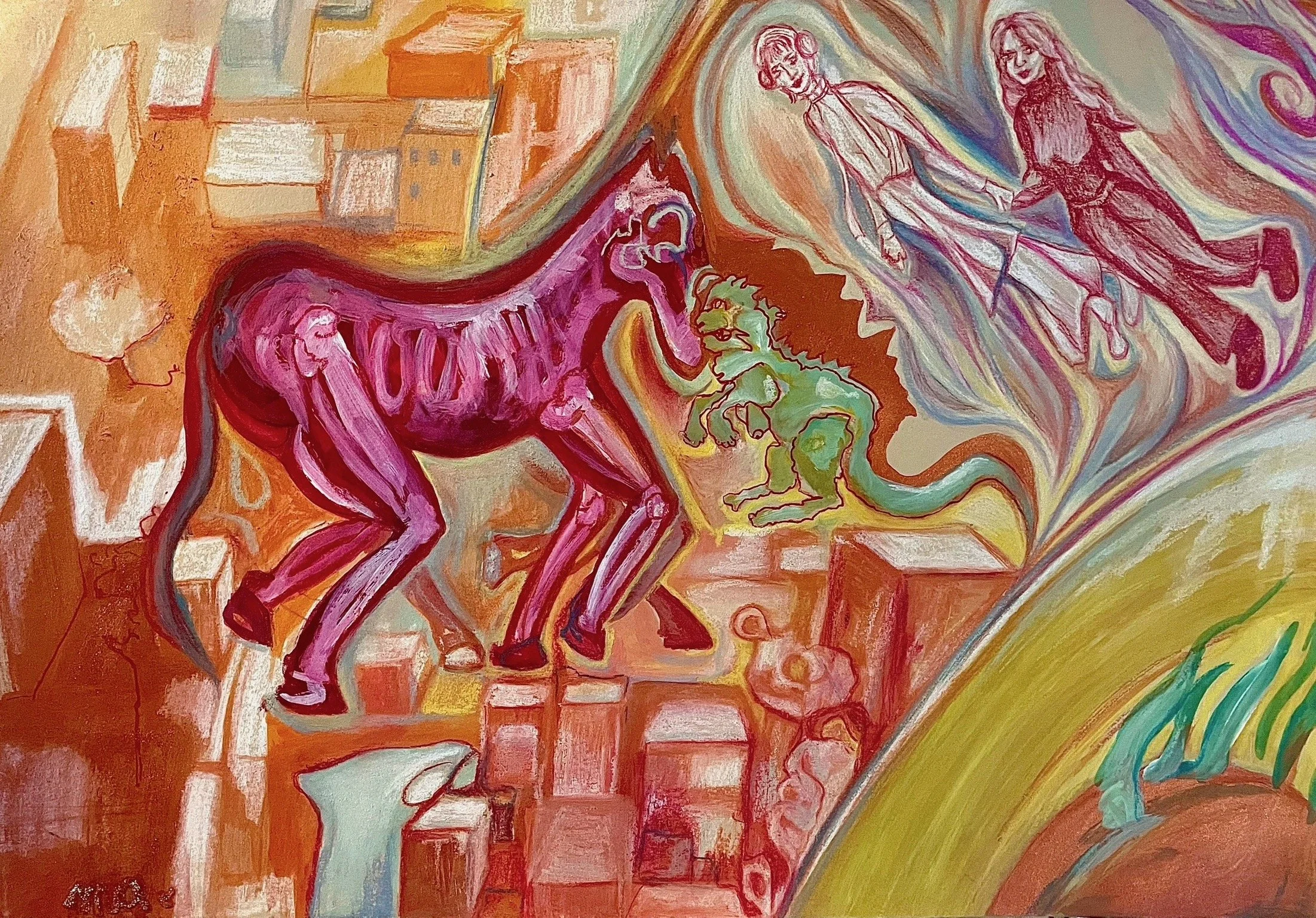 Peinture représentant un rêve : un cheval décomposé à vif, un petit dinosaure s'échappant d'un volcan, et deux femmes volant sensemble au-dessus de la ville automnale.
