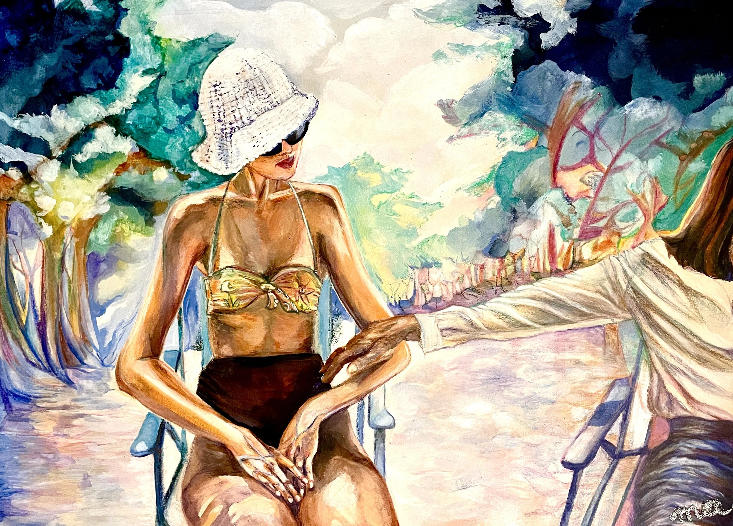 Une peinture représentant une femme en maillot de bain assise sur une chaise de plage, portant un chapeau en paille,  avec un fond de paysage coloré. Une femme plus âgée lui tend la main.