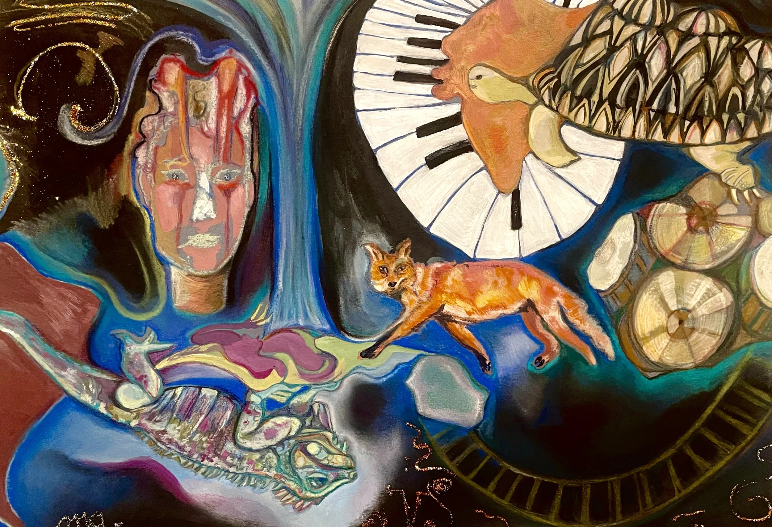Une peinture symbolique et musicale, avec un piano, une batterie, des continents et des pays où les animaux mettent les pieds : tortue, renard, iguane. Une tête brûle.