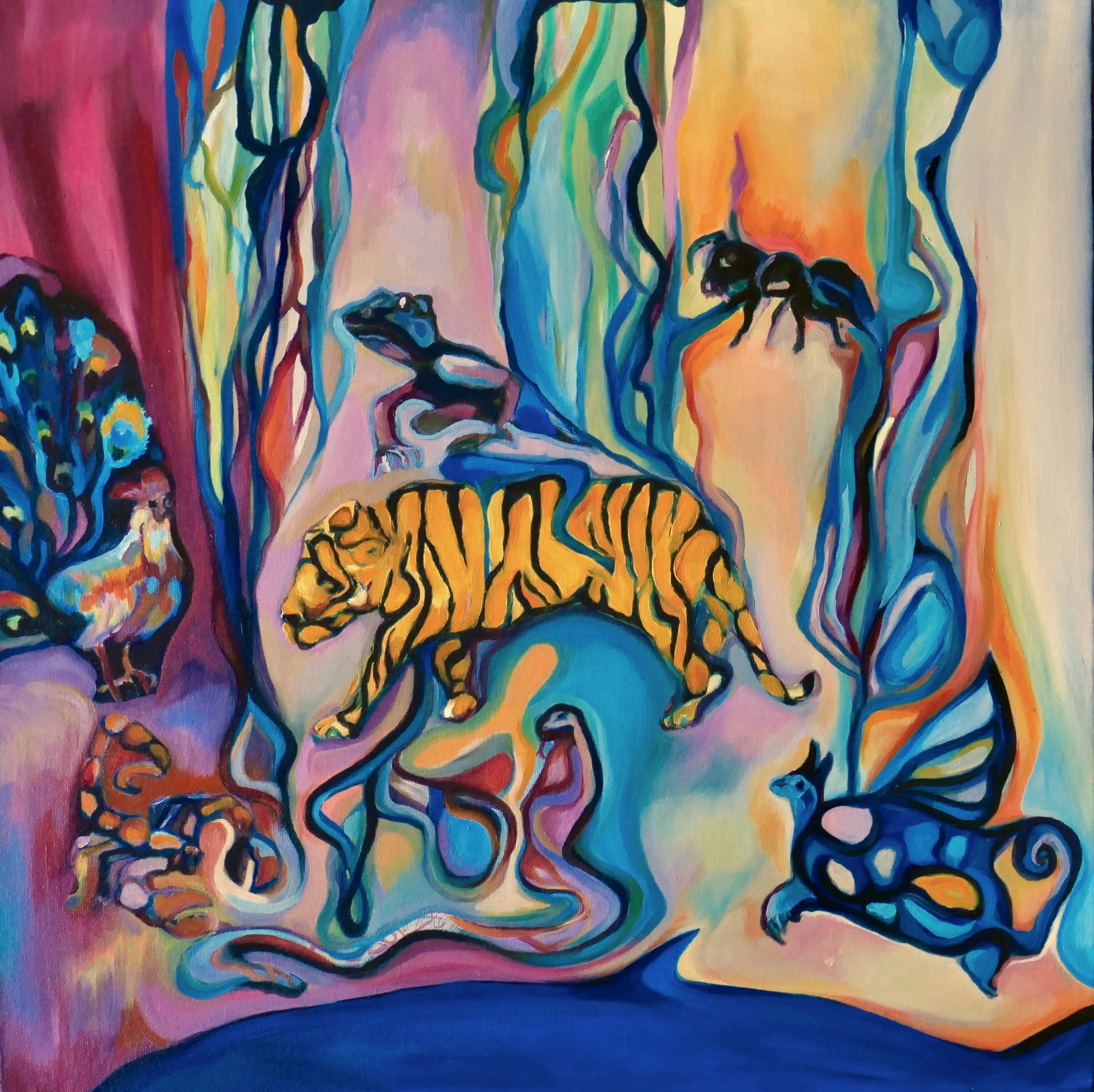 Peinture mi-abstraite, mi-figurative, avec des lignes colorées, des animaux réels et fantastiques dans des tons vifs laissant passer la lumière comme un vitrail.