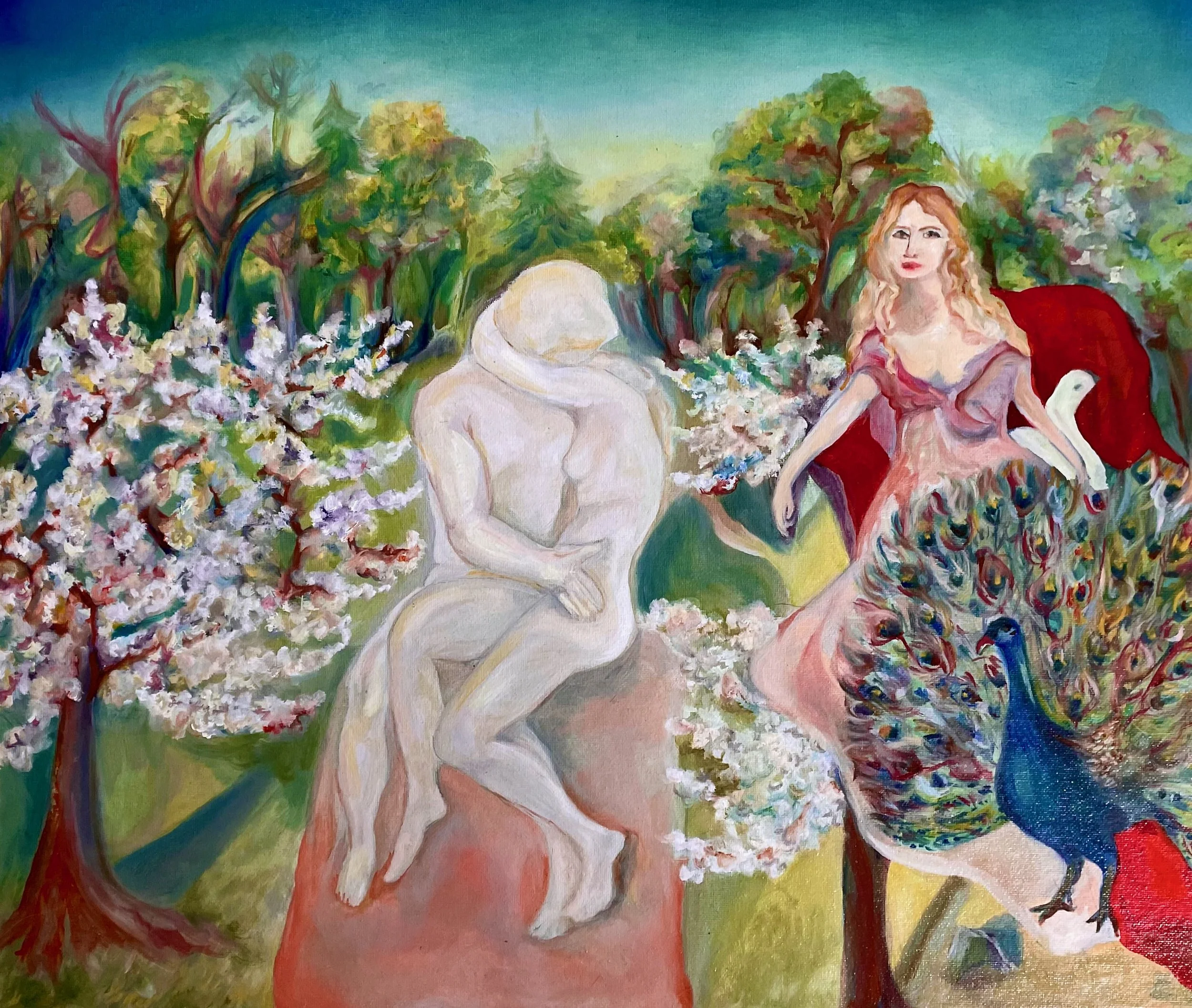Peinture impressionniste représentant la statue Le Baiser de Rodin, une déesse inquiète avec son paon, dans un jardin printanier et enchanté.