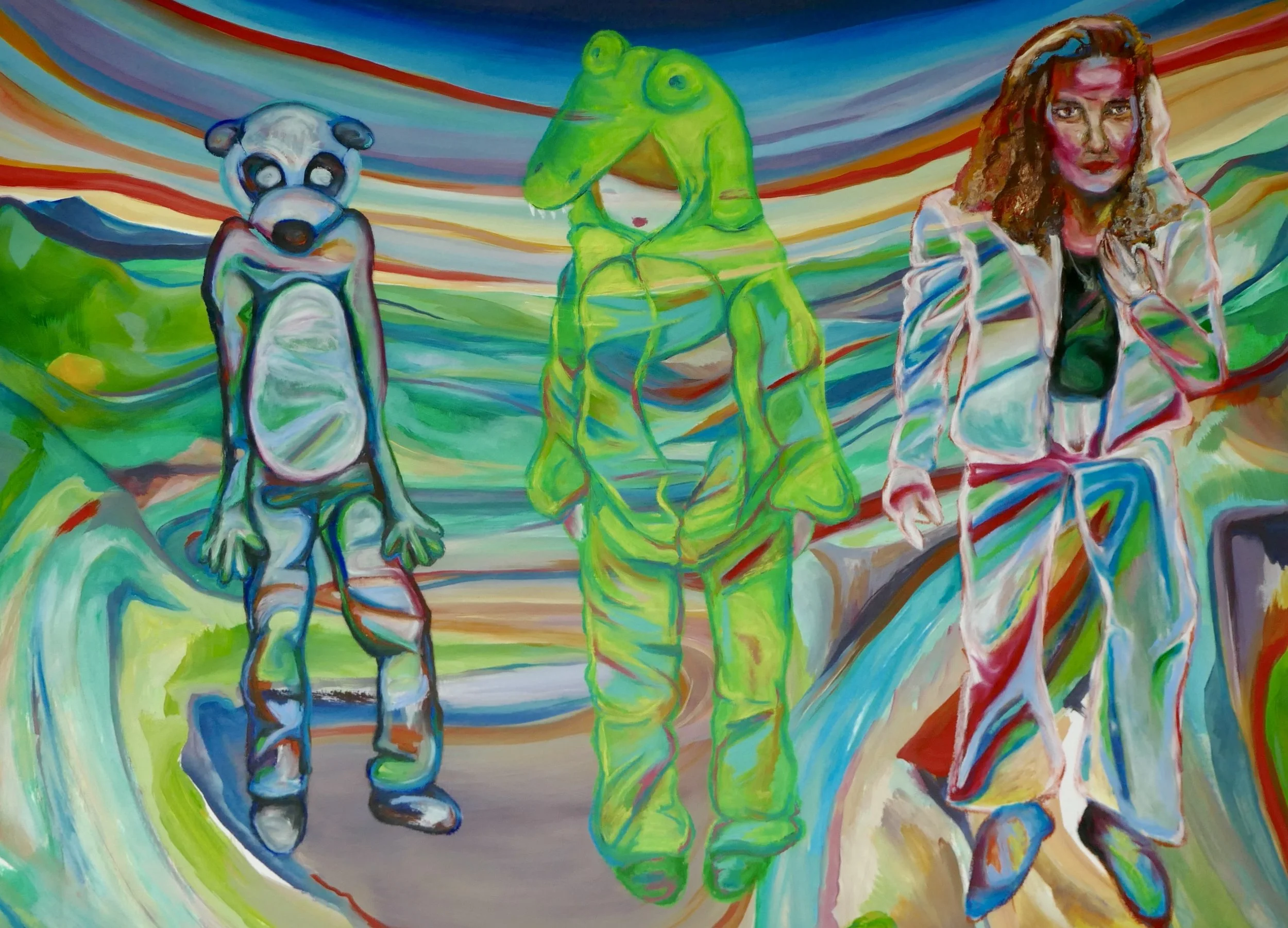 Peinture semi-abstraite inspirée de l'univers pop et expressif de Julien Doré sur sa chanson "Ah les crocodiles".