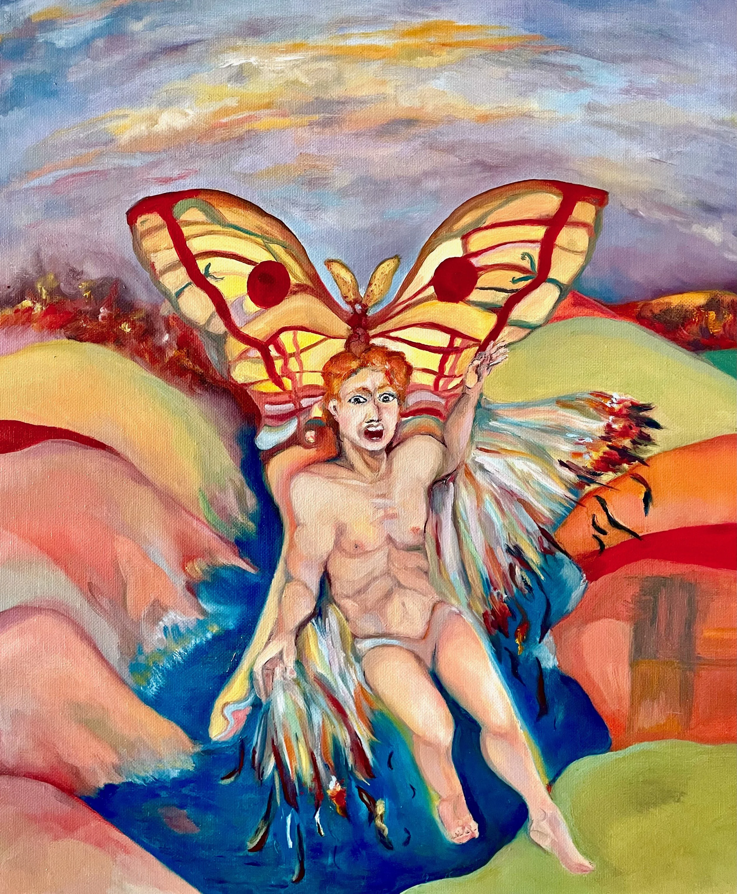 Icare au moment de sa chute, soutenu par un immense papillon incarnant le pouvoir transformateur de l'erreur, dans un paysage montagneux incandescent.