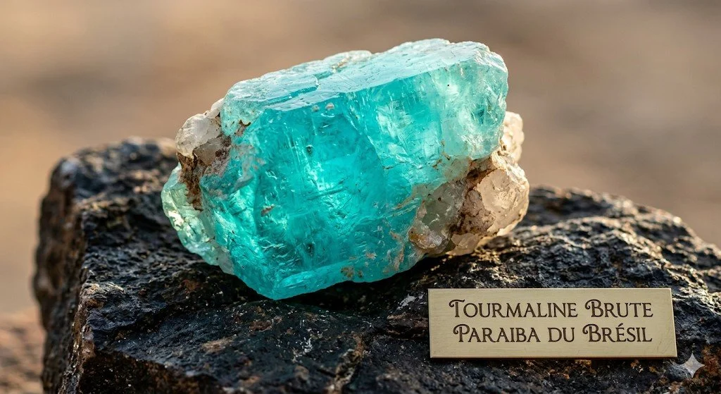 Gros morceau de tourmaline paraiba brute bleu vert sur une roche noire avec une plaque étiquetée dans la langue française.