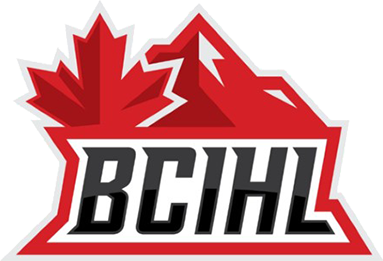 Logo of the BC Hockey League featuring a stylized red maple leaf and mountain peaks with the acronym BC Hockey League in bold black letters.