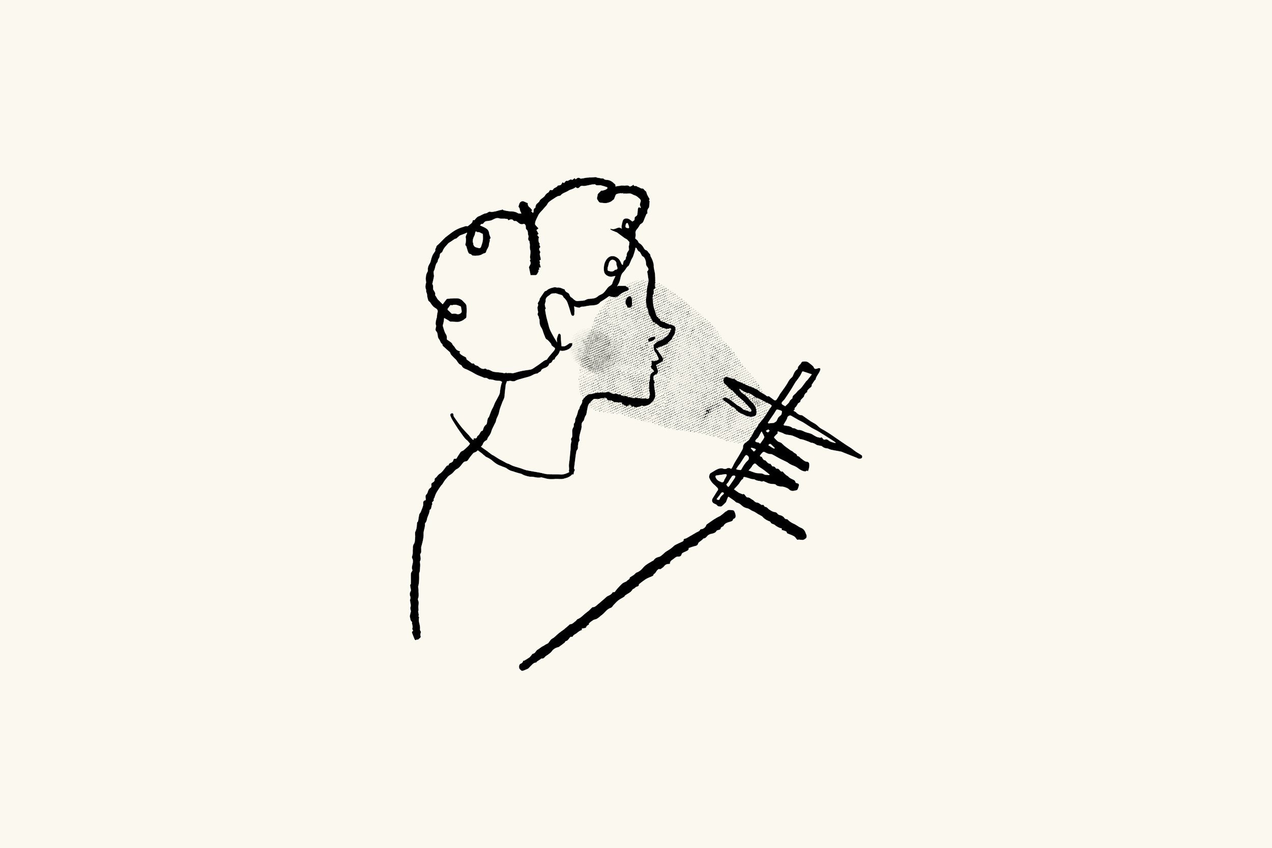 Line drawing of a person with curly hair holding a phone.