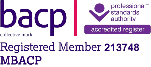 BACP accredited register logo with text indicating registered member number 213748 and MBACP designation.