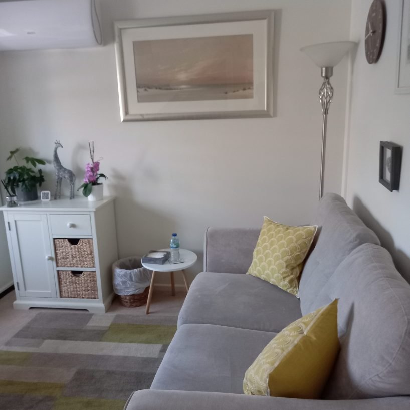 Living room with a light gray couch with yellow pillows, a small white side table, and a white cabinet with woven baskets. Wall decor includes a framed painting of a landscape, a giraffe figurine, and a pink flower arrangement. There is a standing lamp and a remote control on the cabinet.