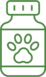 Outline drawing of a pill bottle with a paw print on the label