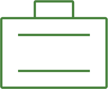 A digital illustration of a black briefcase with green outlines and accents, featuring a handle and two horizontal lines on the front.