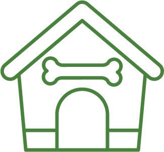 A simple line drawing of a dog house with a bone above the entrance.
