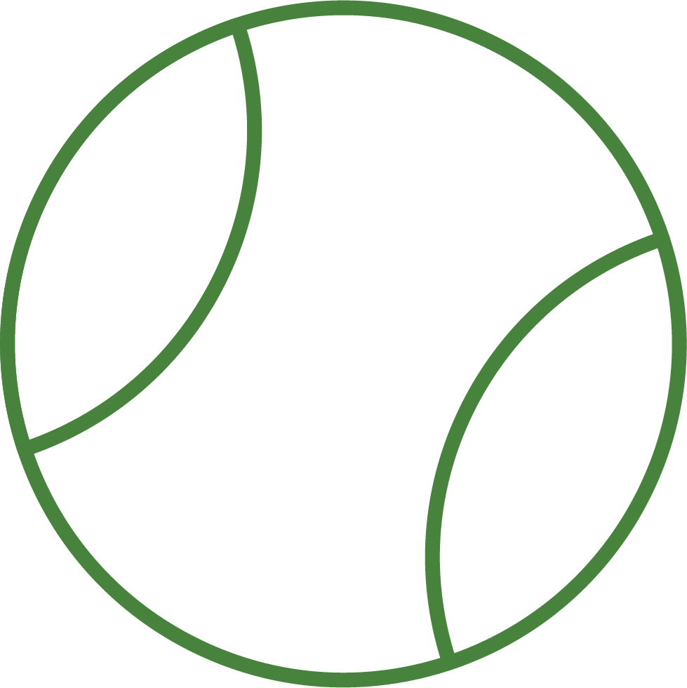 A stylized drawing of a tennis ball with green outline and lines on a black background.
