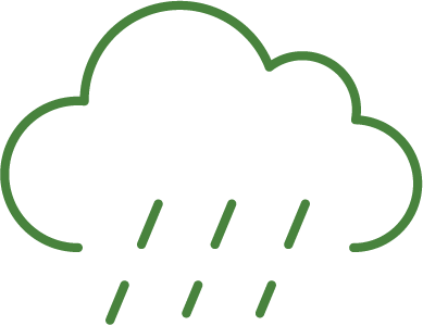A simple green outline of a cloud with raindrops falling from it.