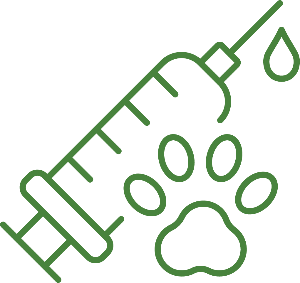 An outline drawing of a syringe with a droplet of liquid, next to a paw print.