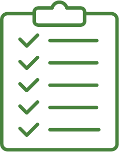 Outline of a clipboard with five checkmarks and lines of text