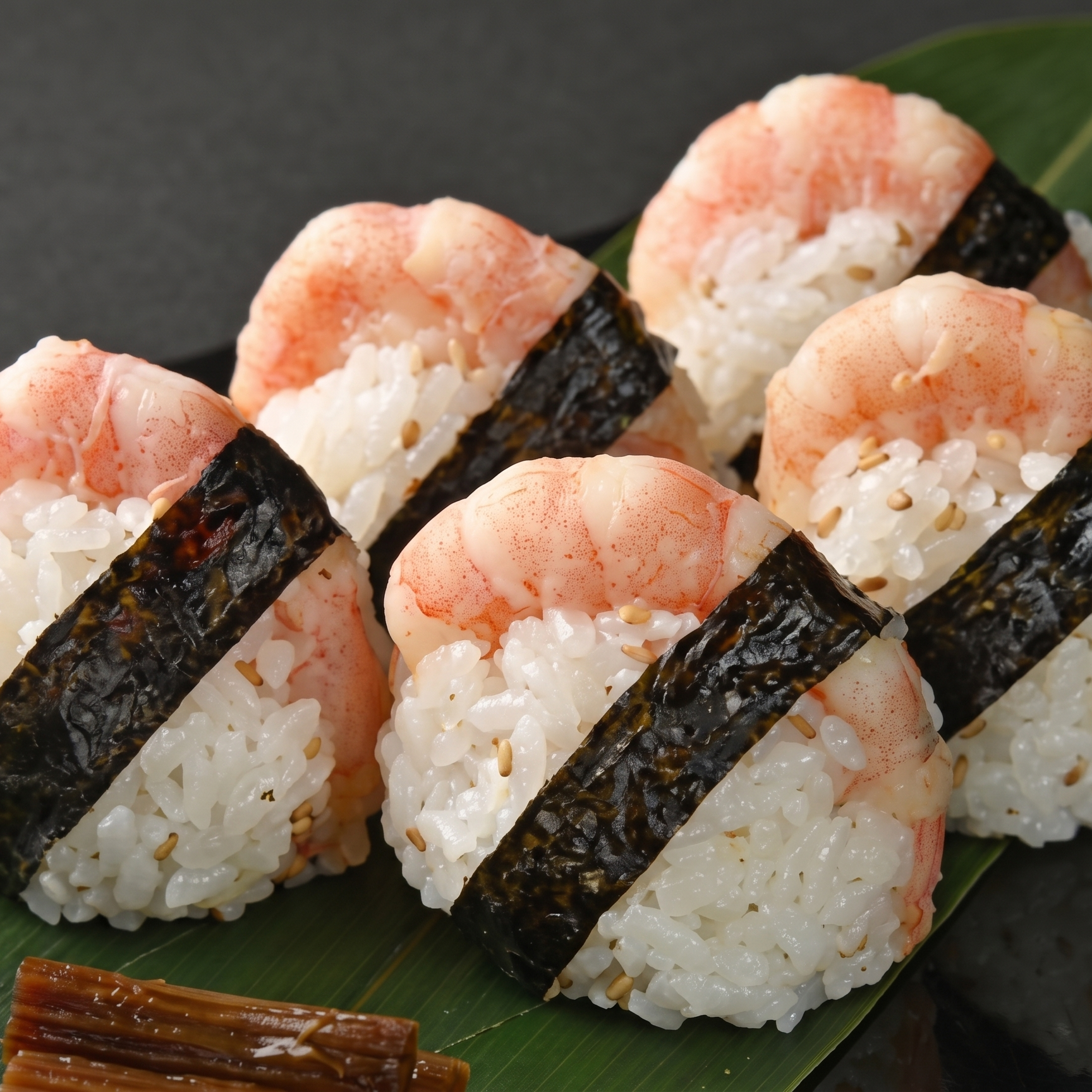 Close-up of shrimp nigiri sushi with sushi rice, shrimp, and seaweed wrap, served on a green leaf with a dark background.