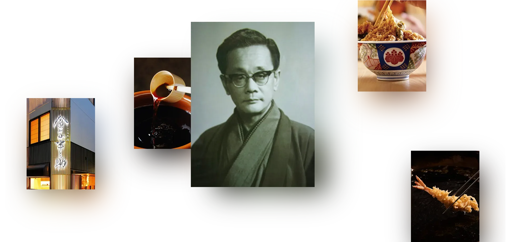 Compilation of images including a Japanese man in traditional attire, a bowl of fried food with chopsticks, a building with Japanese signage, a soy sauce pouring into a bowl, and pieces of tempura.