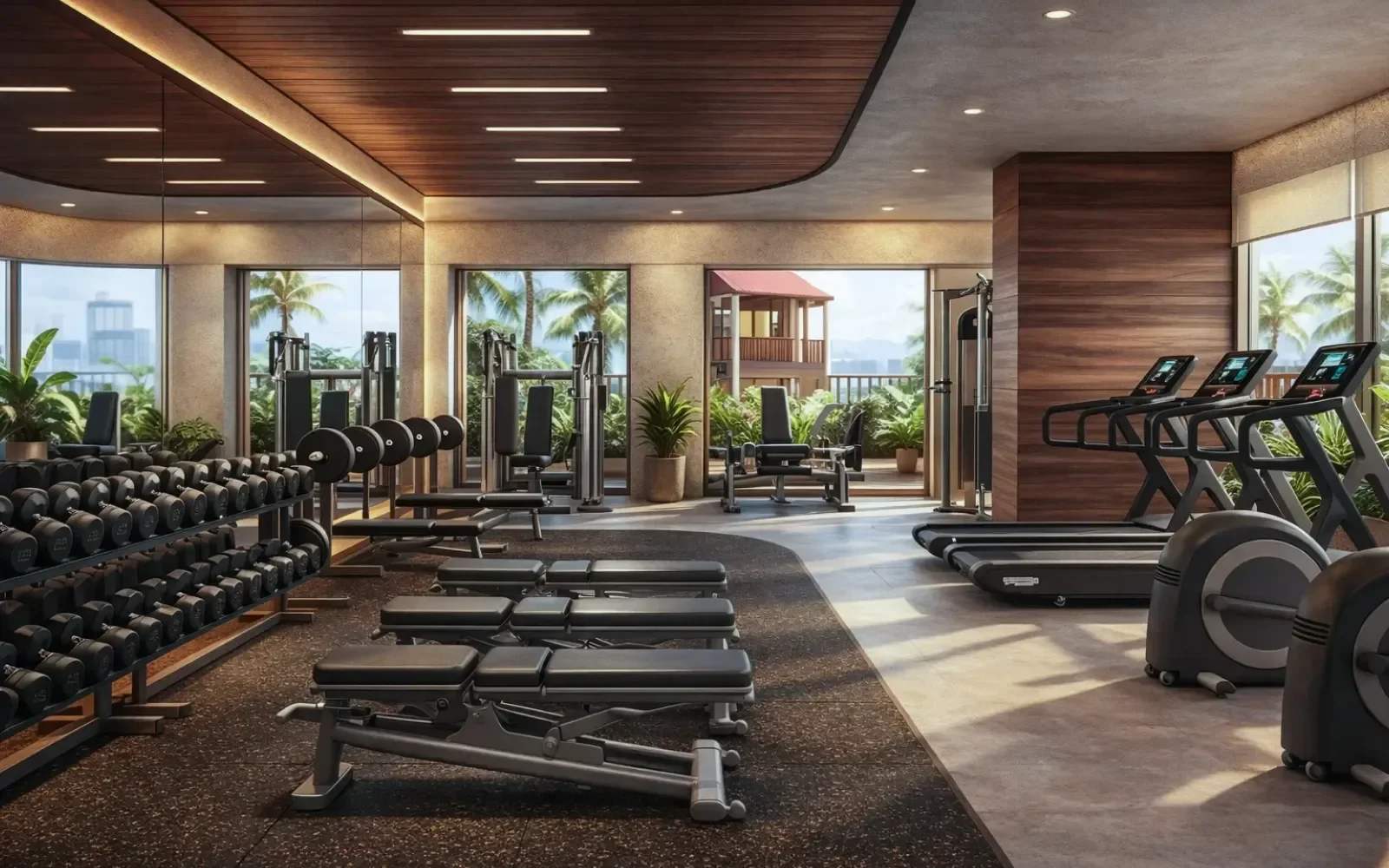 Gimnasio moderno con pesas, bancos, máquinas de cardio, y áreas de entrenamiento, con grandes ventanas y vista a plantas exteriores.