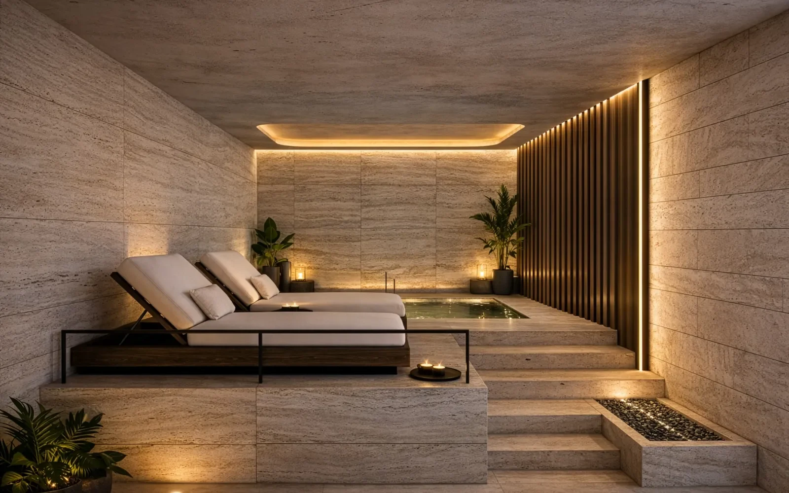 Área de spa en Artemisa Cancún con camastros y ambiente relajante, iluminación cálida y acabados de piedra