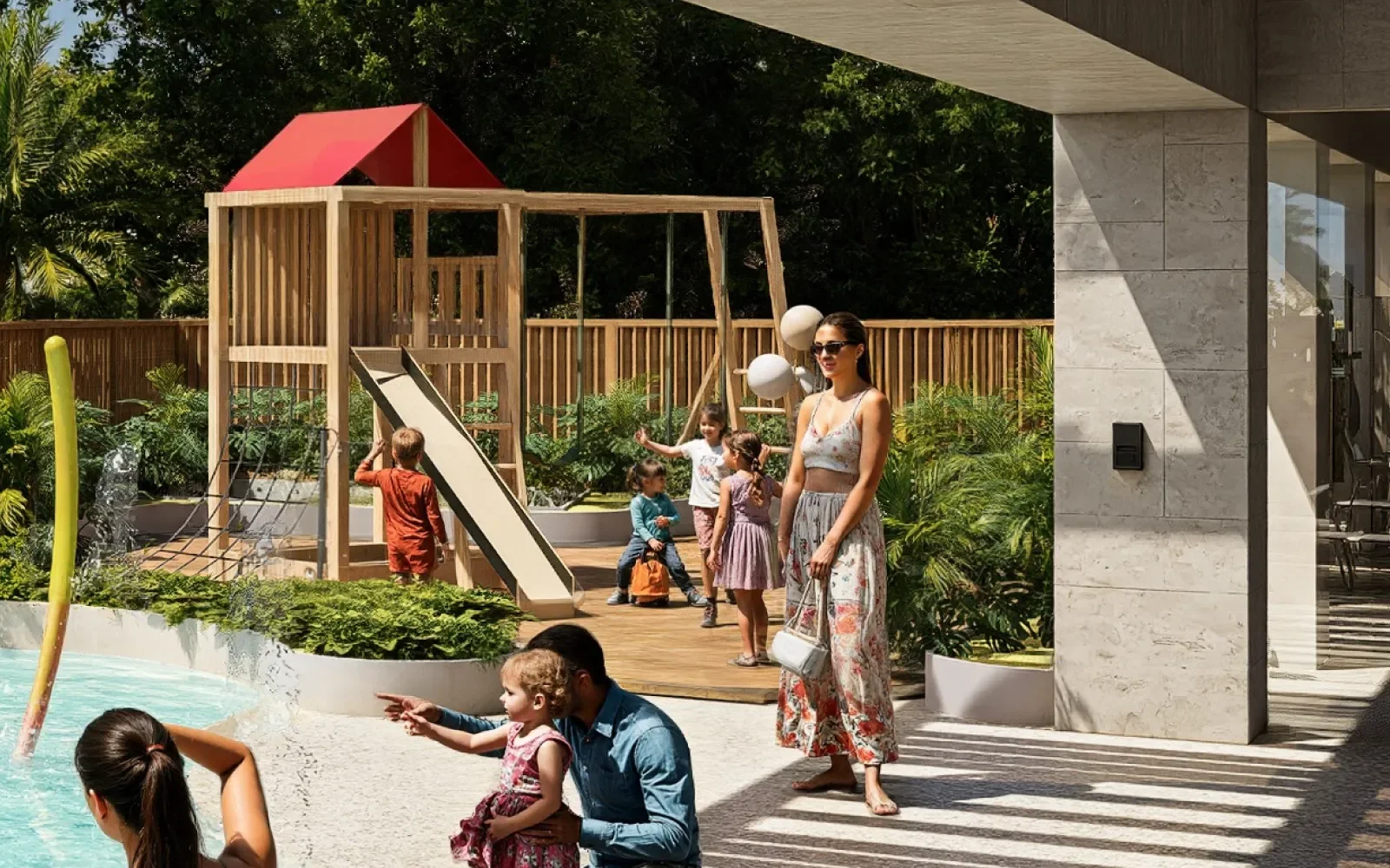 Familia en la piscina y área de juegos, niños y adultos disfrutando del día al aire libre en un espacio moderno y ajardinado.