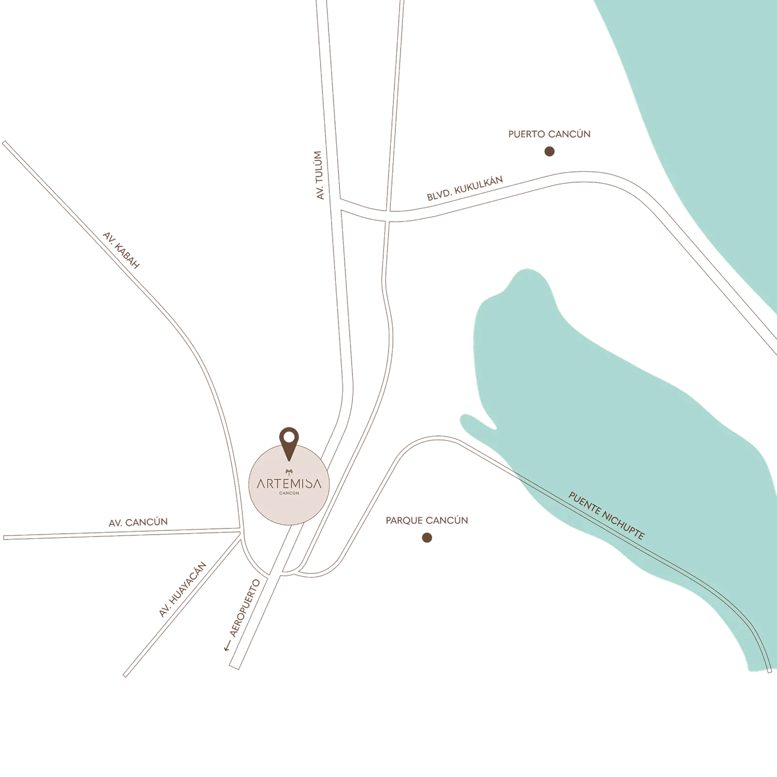 Mapa de ubicación de Artemisa Cancún con vialidades principales, cercanía a la zona hotelera y puntos de interés
