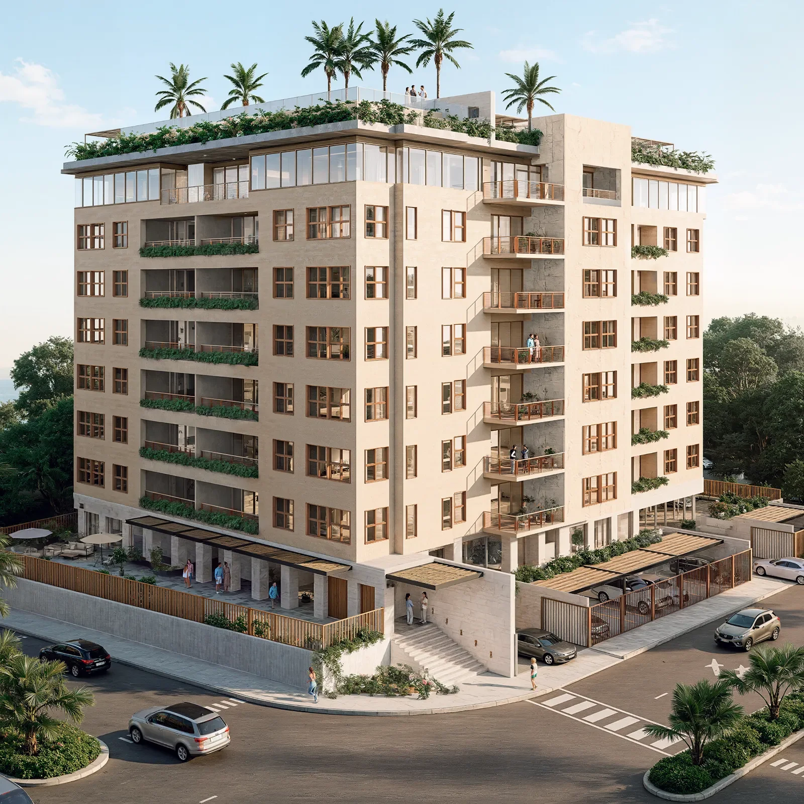 Edificio residencial de Artemisa Cancún con balcones y rooftop en entorno urbano durante el día
