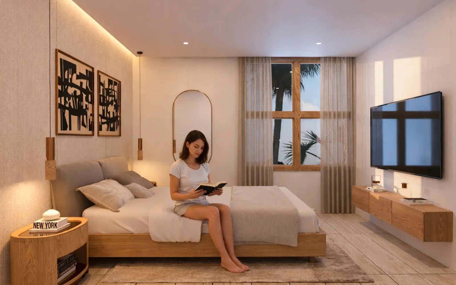 Recámara en departamento de Artemisa Cancún con diseño moderno, iluminación cálida y mobiliario contemporáneo