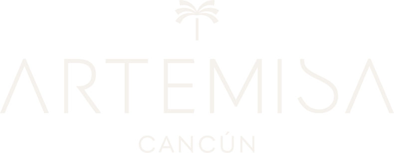 Logotipo con la palabra 'ARTEMISA' en letras blancas, seguida de 'CANCÚN' debajo, con un símbolo estilizado de una palmera en la parte superior en blanco sobre fondo negro.