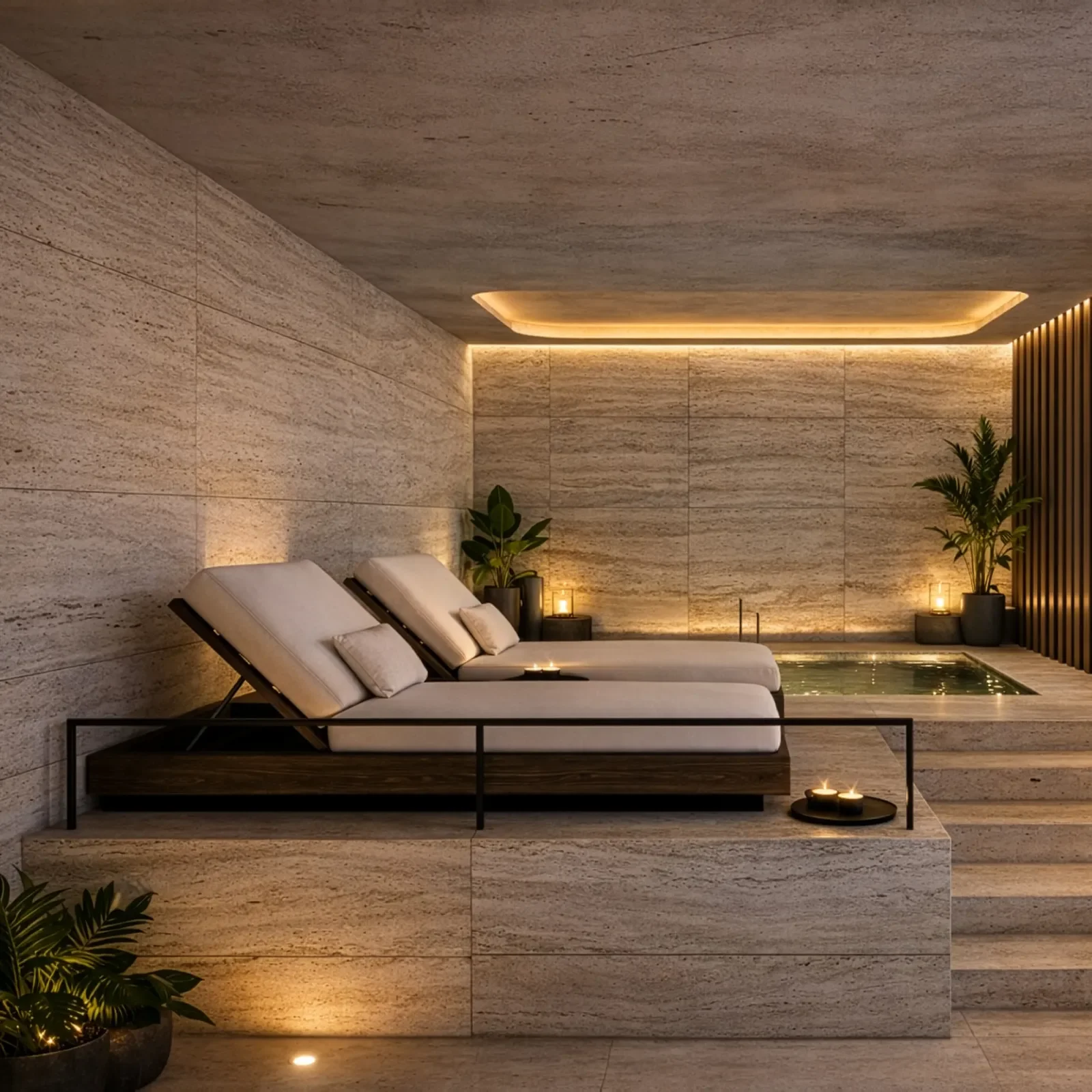 Área de spa en Artemisa Cancún con camastros y ambiente relajante, iluminación cálida y acabados de piedra