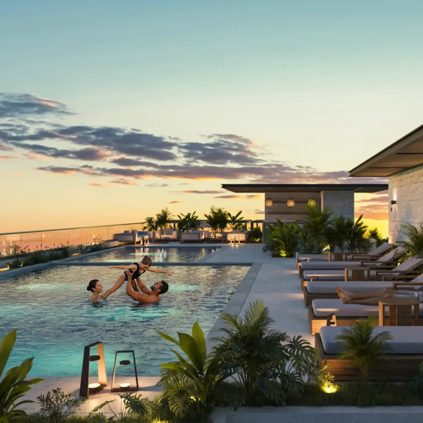 Alberca rooftop en Artemisa Cancún con camastros y área lounge, personas disfrutando al atardecer con vista panorámica