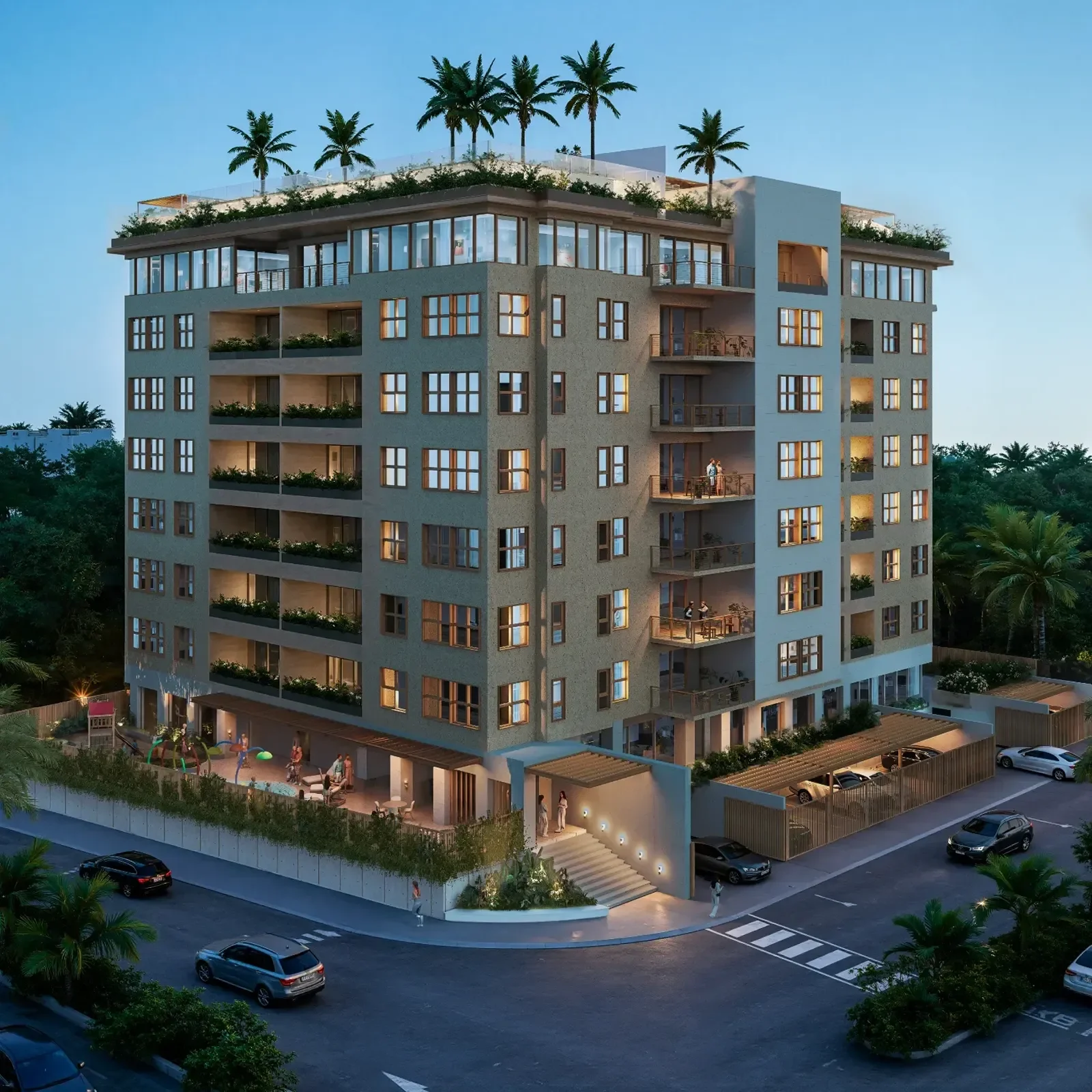 Edificio residencial de Artemisa Cancún con balcones y rooftop al atardecer en entorno urbano tropical
