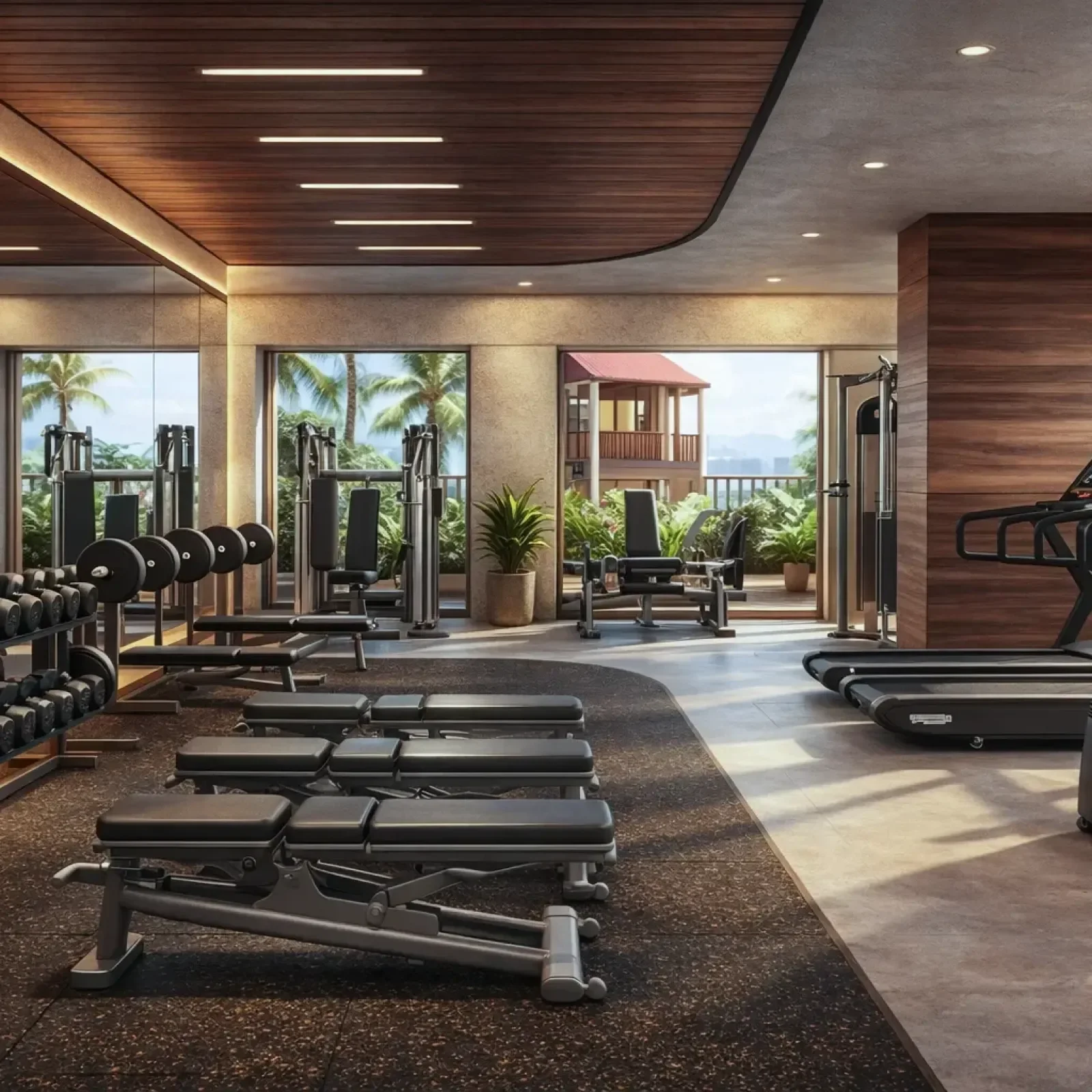 Gimnasio equipado en Artemisa Cancún con área de pesas y máquinas, espacio interior con vista al exterior