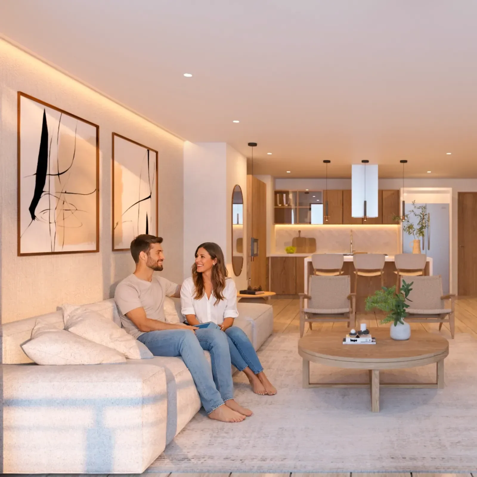Sala interior en departamento de Artemisa Cancún con diseño moderno, iluminación cálida y área de convivencia