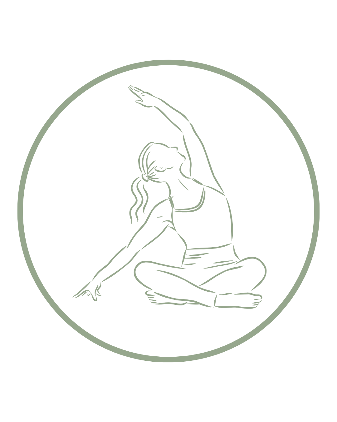Line drawing of a woman practicing yoga, sitting cross-legged with one arm extended upward and the other arm resting on her knee, smiling with her eyes closed.