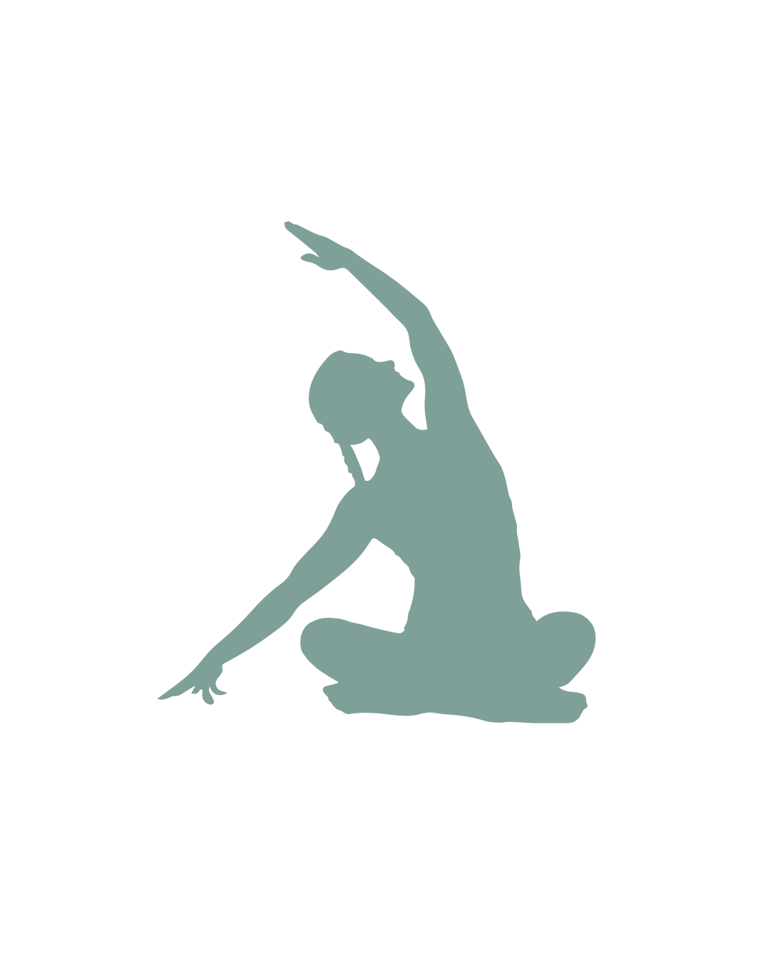 Silhouette of a woman in a yoga pose, sitting cross-legged with one arm extended overhead and the other touching the ground.