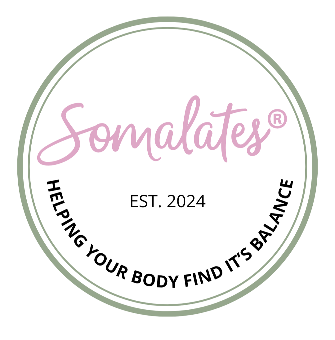 Logo for Somalates with the tagline "Helping your body find its balance," established in 2024, featuring pink and green colors.